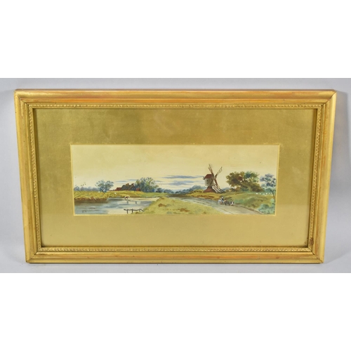 274 - A Gilt Framed Watercolour Depicting River and Windmill, 30cm wide