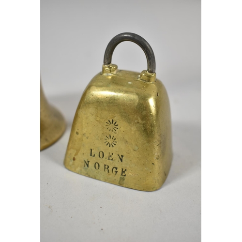 69 - A Small Brass Handbell, a Brass Servants Bell and a Souvenir Loen Norge Miniature Cow Bell