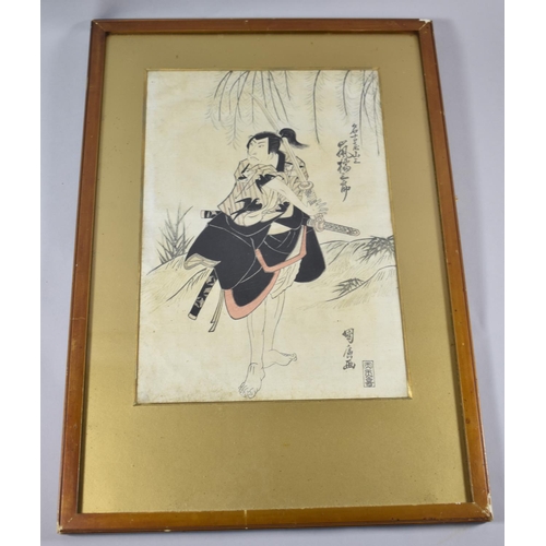 82 - A Framed Chinese Woodblock Print Depicting Samurai, Actor, 37cm wide