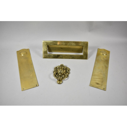 85 - Two Brass Door Finger Plates, Lion Mask Door Knocker and a Letter Flap