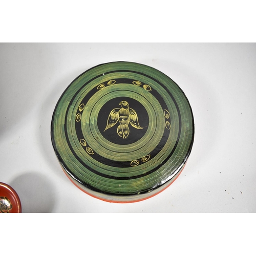 91 - An Oriental Circular Lacquered Food Box with Inner Bowl, Spoon and Four Small Bowls, 18cm Diameter