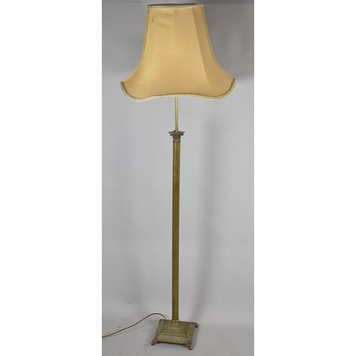 547 - A Mid 20th Century Brass Standard Lamp and Shade on Stepped Square Base with Four Scrolled Feet, Rib... 