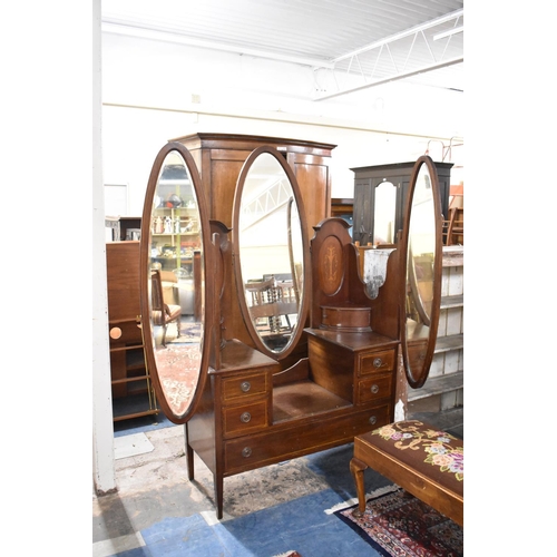 549 - An Edwardian Triple Mirror Mahogany Dressing Table with Inlaid Oval Panels, Quadrant Drawers, Four S... 