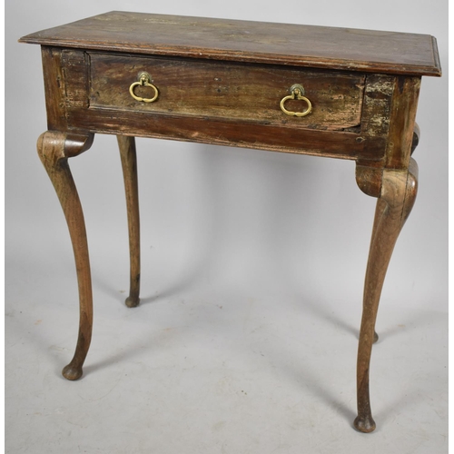 555 - A 19th Century Oak Side Table with Single Drawer Having Brass Drop Handles on Extended Cabriole Supp... 