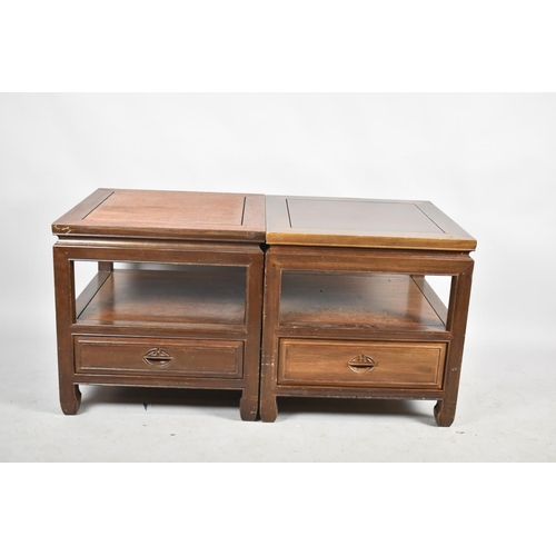 566 - A Pair of Oriental Hardwood Square Occasional Two Tier Tables with Base Drawers, 56cm