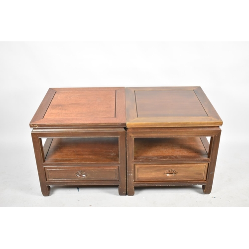 566 - A Pair of Oriental Hardwood Square Occasional Two Tier Tables with Base Drawers, 56cm