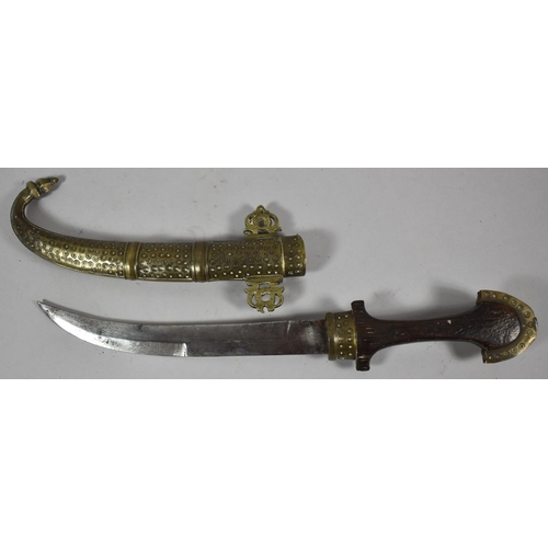 64 - A Persian Wooden Handled Curved Blade Dagger with Brass Scabbard, 39cm long