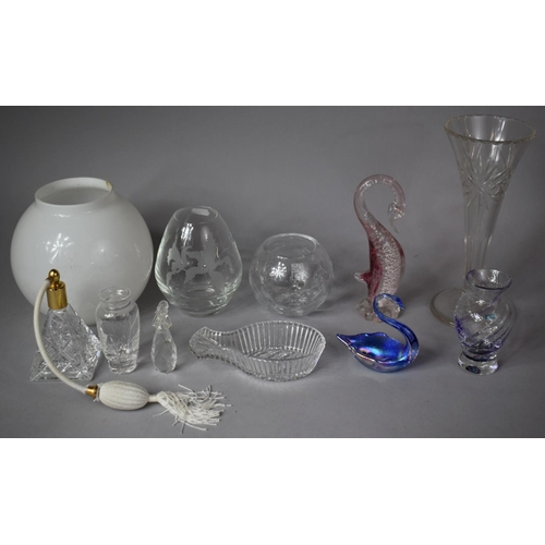 292 - A Collection of Various Glassware to include Royal Scott Crystal Vase, Oil Lamp Shade, Bird Ornament... 