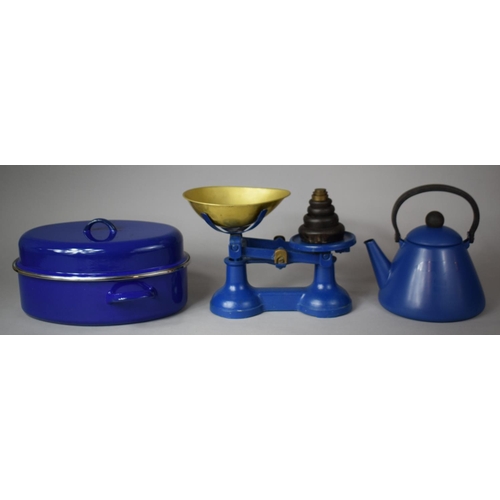 306 - A Set of Blue Painted Scales with Graduated Weights, Kettle and Judge Enamelled Oval Pan together wi... 