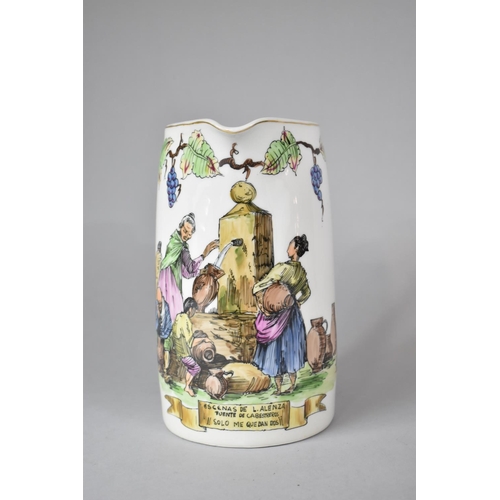 326 - A Hand Painted Spanish Wine Jug Decorated with Transfer Scene Depicting Figures at Water Pump, 22cm ... 