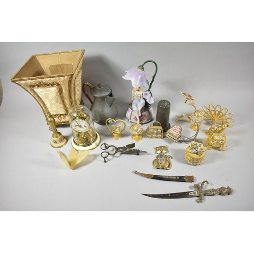 382 - A Tray of Various Decorative Items to Include Fairy Lamp, Pillar Clock, Pewter Pot, Gilt Ornaments e... 