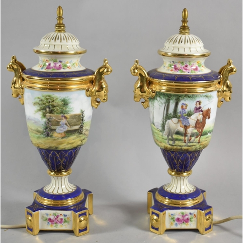 386 - A Pair of Continental Porcelain Table Lamps in the Form of Vases Decorated with Figures on Horseback... 