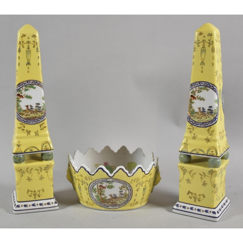 388 - A Pair of Continental Obelisks and Wavy Rimmed Bowl All Decorated with Circular Cartouches Depicting... 