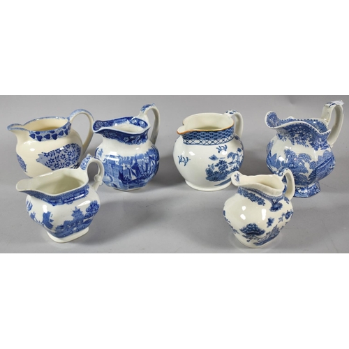 389 - A Collection of Six Various Blue and White Cream Jugs  Transfer Printed