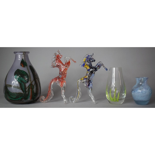 395 - A Collection of Coloured Glass to Include Two Murano Rearing Horse Ornaments, a Karlin Rushbrooke St... 