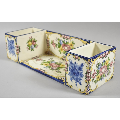 398 - A Hand Painted French Faience Desktop Stationery Stand with Two End Stores, 38cm Wide