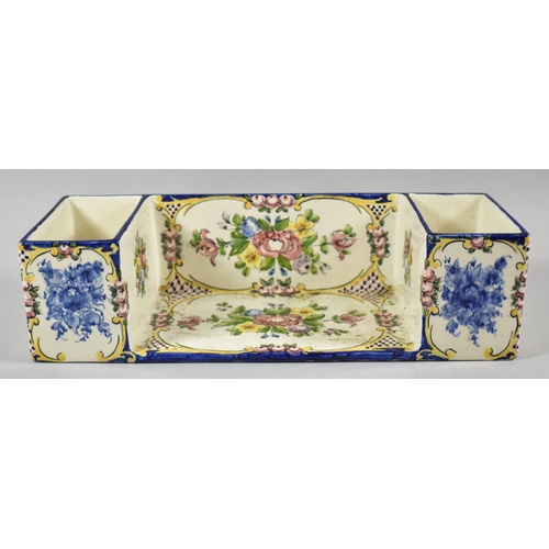 398 - A Hand Painted French Faience Desktop Stationery Stand with Two End Stores, 38cm Wide