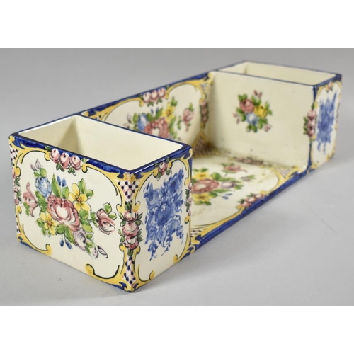 398 - A Hand Painted French Faience Desktop Stationery Stand with Two End Stores, 38cm Wide