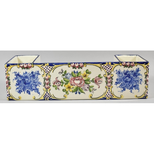 398 - A Hand Painted French Faience Desktop Stationery Stand with Two End Stores, 38cm Wide