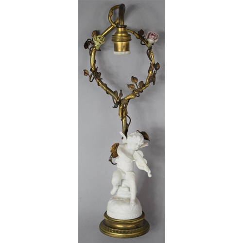 399 - A French Gilt Metal Porcelain and Parian Figural Light with Cherub Playing Violin, Missing Circular ... 