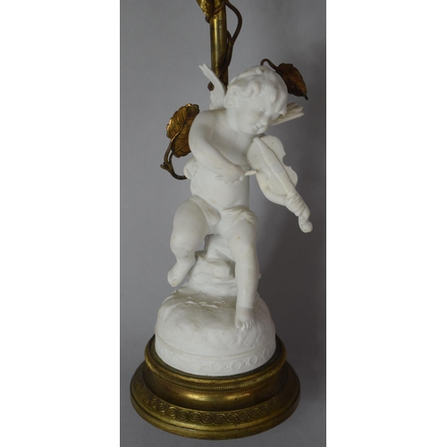 399 - A French Gilt Metal Porcelain and Parian Figural Light with Cherub Playing Violin, Missing Circular ... 