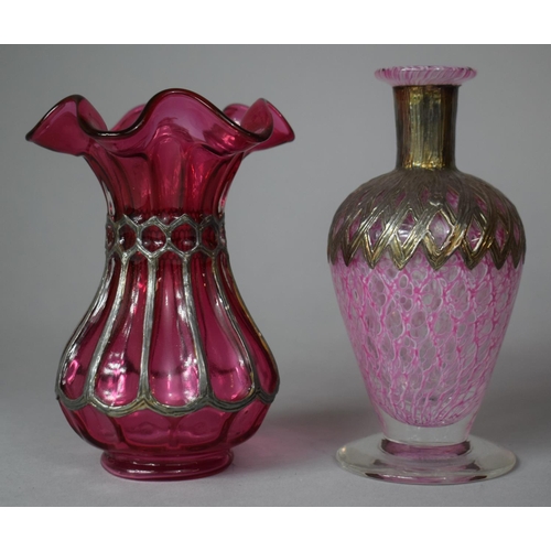 401 - A Cranberry Glass Vase with Wavy Rim and a White Metal Mounted Hand Blown Glass Vase, 14.5cm High