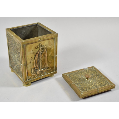 43 - An Edwardian Brass Rectangular Tea Caddy Decorated with Islamic Panels and Fishing Barge, 16cm high