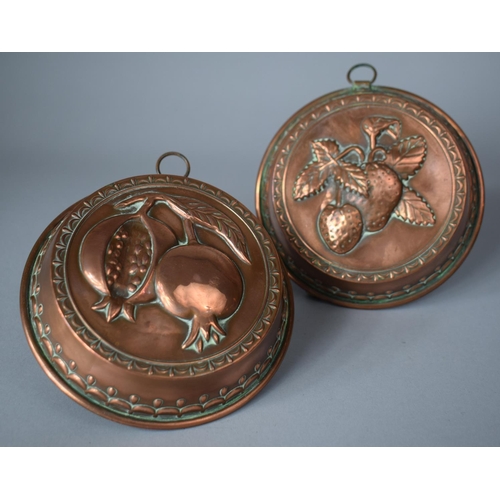 103 - A Pair of Copper Circular Jelly Moulds Decorated with Strawberries and Pomegranate, 13.5cm Diameter