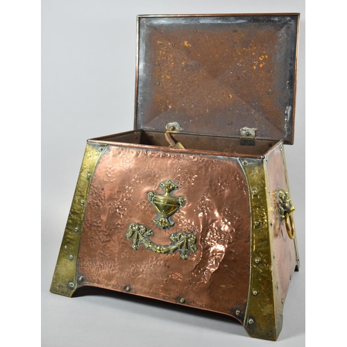 110 - A Good Quality Arts and Crafts Brass and Copper Coal Box with Two Lion Mask and Ring Carrying Handle... 