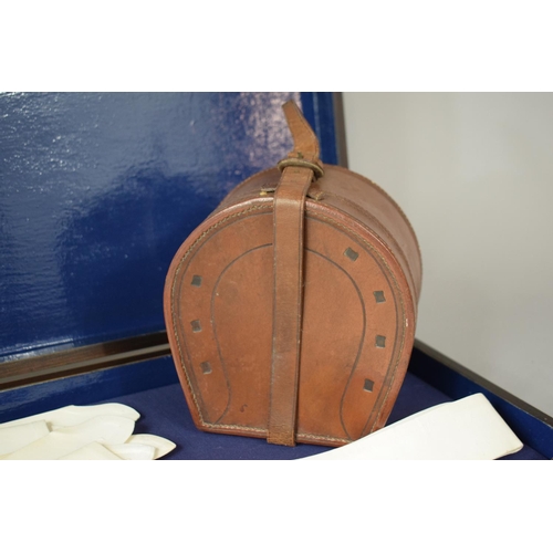 114 - An Edwardian Oak Box Containing Gents Stiff Collars Together with a Horse Shoe Shaped and Tooled Lea... 