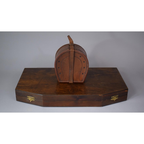 114 - An Edwardian Oak Box Containing Gents Stiff Collars Together with a Horse Shoe Shaped and Tooled Lea... 