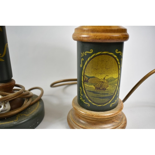 180 - A Pair of Turned Wooden Table Lamps and a Single Example  Decorated with Sailing Ship