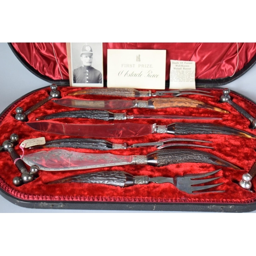 191 - A Cased Silver Plate and Antler Double Carving Set with Fish Servers, Two Pairs of Knife Rests Toget... 