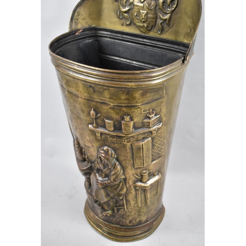 212 - A Large Pressed Metal Fireside Stick Container Having Internal Scene and Armorial Decoration, 77cm h... 