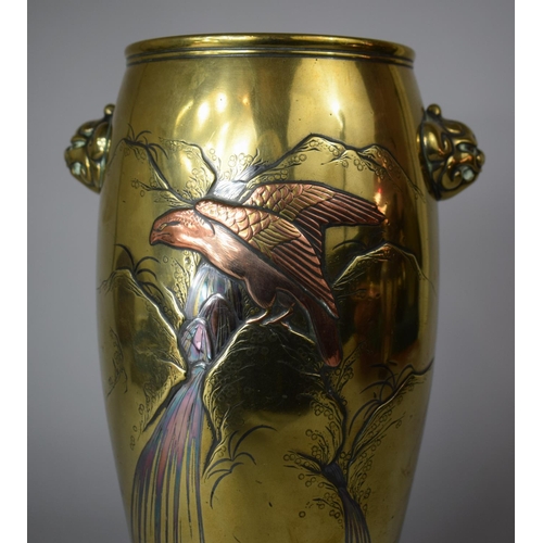 256 - A Large Heavy Oriental Polished Bronze and Mixed Metal Two Handled Vase Decorated with Eagle Beside ... 