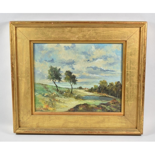 266 - A Gilt Framed Oil on Board, Dew Pond on Wooded Bank Signed A Lemaerte