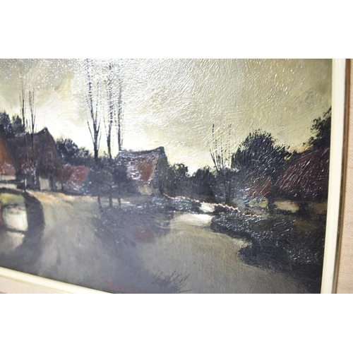 271 - A Framed Oil on Canvas Depicting Continental Canal and River Scene, Canvas Torn, 39cm Wide