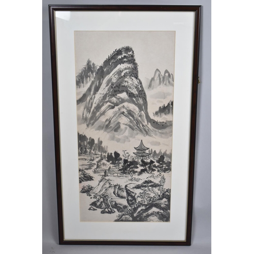 292 - A Framed Chinese Woodblock Touched Up Print of Mountain, River and Pagoda, Red Seal Mark, 66cm High