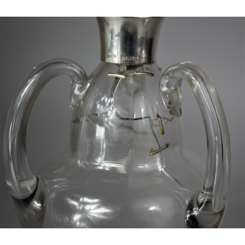 344 - A Silver Topped Three Handled Tyg Decanter, Stapled Repair to Neck, 29cm high