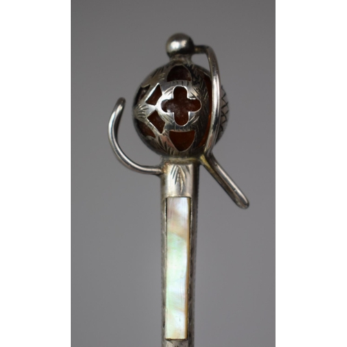 362 - A Sterling Silver Scottish Claymore Amber Agate and Mother of Pearl Inlaid Brooch, 10cm long