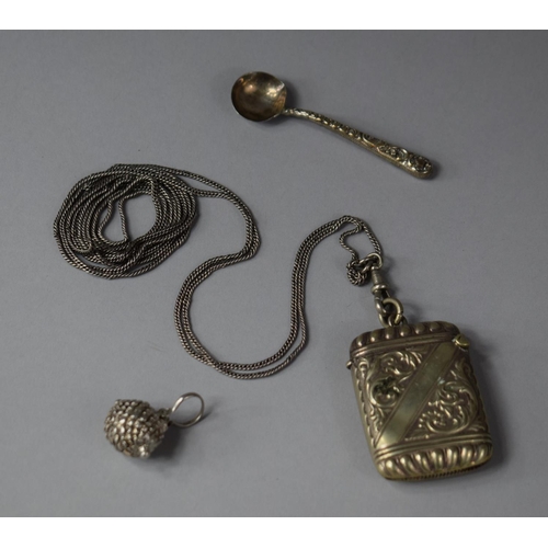 364 - A Small Spoon with Silver Bowl, Plated Vesta with White Metal Chain and an Early White Metal Hinged ... 