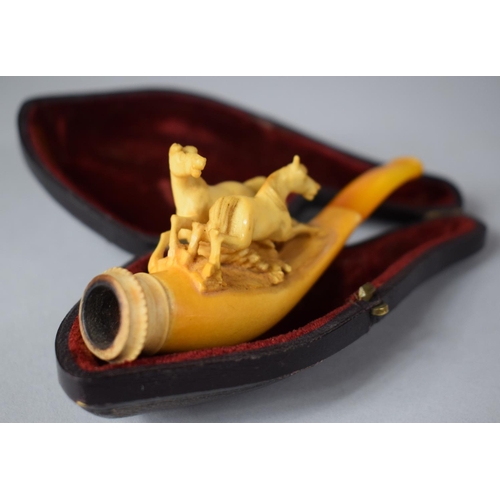 399 - An Amber Mounted Carved Meerschaum Pipe Decorated with Carved Horses, In Case, 10.5cm Long