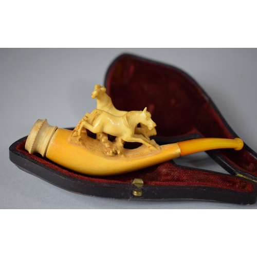 399 - An Amber Mounted Carved Meerschaum Pipe Decorated with Carved Horses, In Case, 10.5cm Long