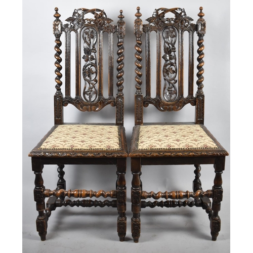 501 - A Pair of Oak Gothic Revival Armchairs with Pierced Splats and Barley Twist Supports