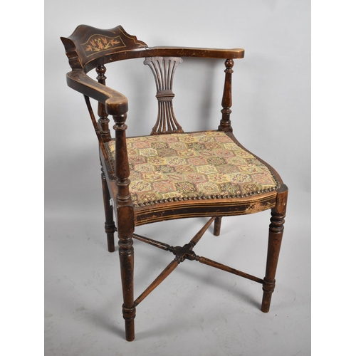 504 - An Edwardian Inlaid Corner Chair with Tapestry Upholstered Seat