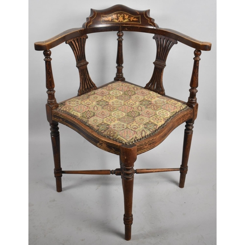 504 - An Edwardian Inlaid Corner Chair with Tapestry Upholstered Seat