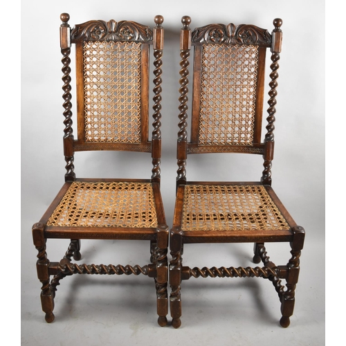 516 - A Pair of Late 19th Century Oak Framed Gothic Revival Barley Twist Hall Side Chairs with Cane Seat a... 