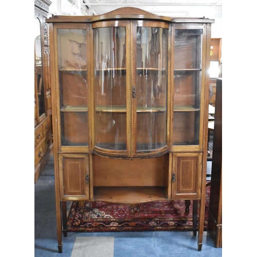 524 - An Edwardian Inlaid Mahogany Breakfront Display Cabinet with Glazed Quadrant Doors Over Open Display... 