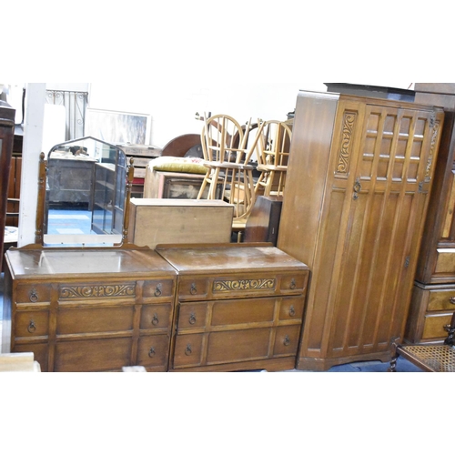 526 - A Three Piece Edwardian Oak Bedroom Suite Comprising Hanging Wardrobe, Galleried Three Drawer Chest ... 