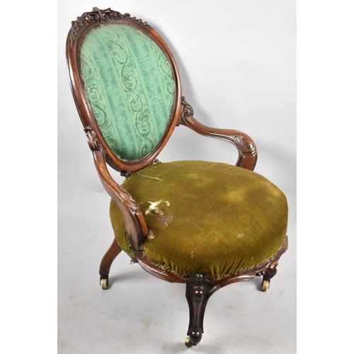 527 - A Victorian Walnut Framed Ladies Balloon Back  Armchair with Circular Seat